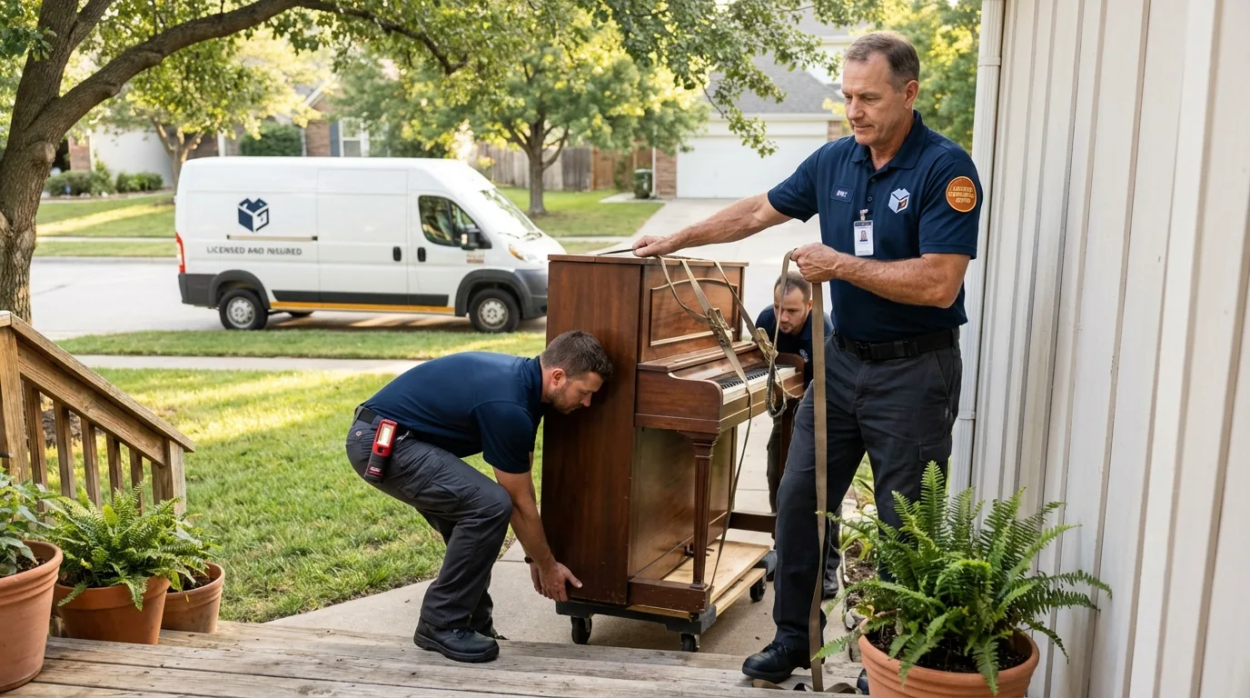 Licensed piano movers securing grand piano in Berkeley, IL