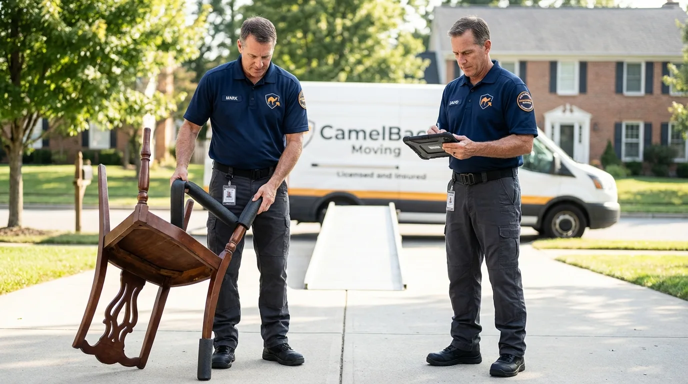 Movers inspecting furniture for damage prevention before loading in Berkeley, IL